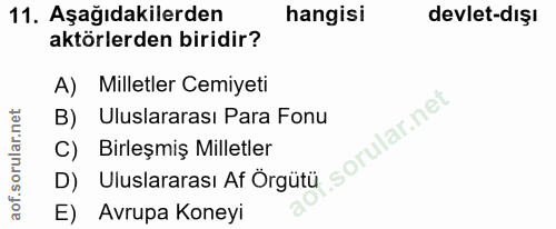 11. soru: Aşağıdakilerden hangisi devlet-dışı aktörlerden biridir? A) Milletler Cemiyeti B) Uluslararası Para Fonu f. C) Birleş…