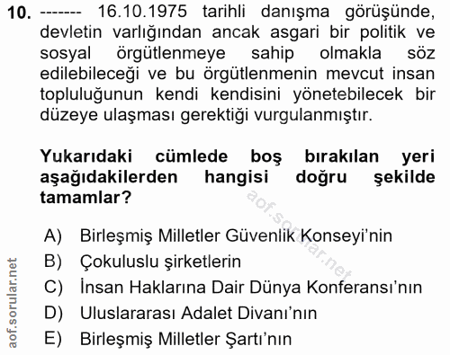 10. soru: - 16.10.1975 tarihli danışma görüşünde, devletin varlığından ancak asgari bir politik ve sosyal Örgütlenmeye sahip ol…