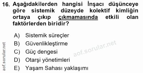 16. soru: Aşağıdakilerden hangisi İnşacı düşünceye göre sistemik düzeyde kolektif kimliğin ortaya çıkıp çıkmamasında etkili ola…