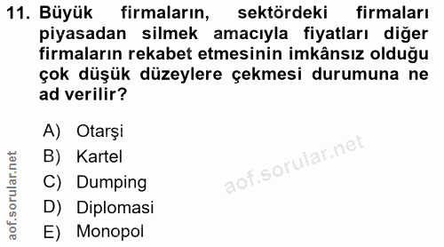 11. soru: Büyük firmaların, sektördeki firmaları piyasadan silmek amacıyla fiyatları diğer firmaların rekabet etmesinin imkânsı…