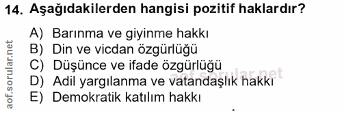 14. soru: Aşağıdakilerden hangisi pozitif haklardır? A) Barınma ve giyinme hakkı B) Din ve vicdan özgürlüğü C) Düşünce ve ifade…