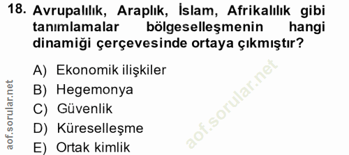18. soru: Avrupalılık, Araplık, İslam, Afrikalılık gibi tanımlamalar bölgeselleşmenin hangi dinamiği çerçevesinde ortaya çıkmış…
