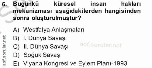 6. soru: Bugünkü küresel insan hakları mekanizması aşağıdakilerden hangisinden sonra oluşturulmuştur? A) Westfalya Anlaşmaları…
