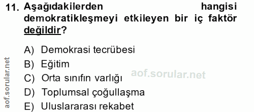 11. soru: Aşağıdakilerden hangisi demokratikleşmeyi etkileyen bir iç faktör değildir? A) Demokrasi tecrübesi C) Orta sınıfin va…