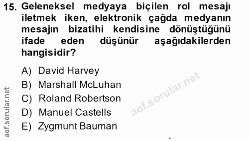 15. soru: Geleneksel medyaya biçilen rol mesajı iletmek iken, elektronik çağda medyanın mesajın bizatihi kendisine dönüştüğünü…