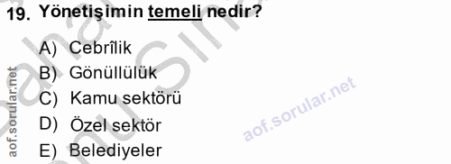 19. soru: Yönetişimin temeli nedir? A) Cebrîlik B) Gönüllülük C) Kamu sektörü D) Özel sektör E) Belediyeler