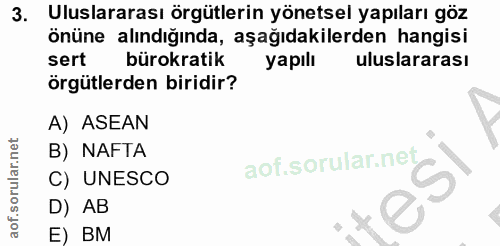 3. soru: Uluslararası örgütlerin yönetsel yapıları göz önüne alındığında, aşağıdakilerden hangisi sert bürokratik yapılı ulusl…