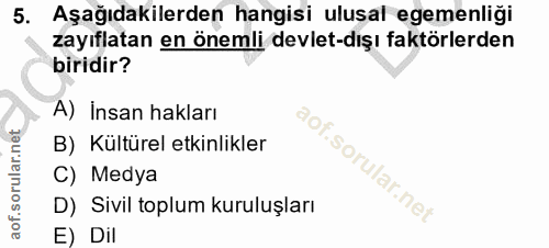 5. soru: Aşağıdakilerden hangisi ulusal egemenliği zayıflatan en önemli devlet-dışı faktörlerden biridir? A) İnsan hakları B)…