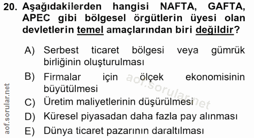 20. soru: Aşağıdakilerden hangisi NAFTA, GAFTA, APEC gibi bölgesel örgütlerin üyesi olan devletlerin temel amaçlarından biri de…
