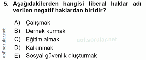 5. soru: Aşağıdakilerden hangisi liberal haklar adı verilen negatif haklardan biridir? A) Çalışmak B) Dernek kurmak C) Eğitim…