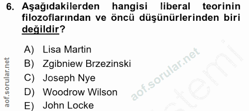 6. soru: Aşağıdakilerden hangisi liberal teorinin filozoflarından ve öncü düşünürlerinden biri değildir? A) Lisa Martin B) Zgi…