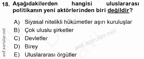 18. soru: Aşağıdakilerden hangisi uluslararası politikanın yeni aktörlerinden biri değildir? A) Siyasal nitelikli hükümetler aş…