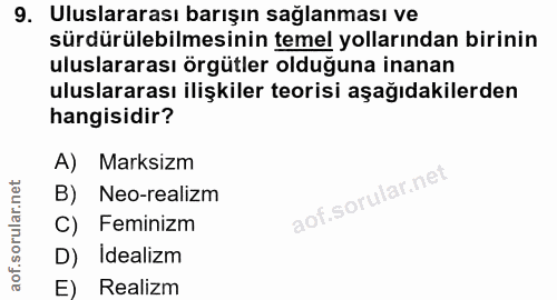 9. soru: Uluslararası barışın sağlanması ve sürdürülebilmesinin temel yollarından birinin uluslararası örgütler olduğuna inana…