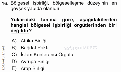 16. soru: Bölgesel işbirliği, bölgeselleşme düzeyinin en gevşek yapıda olanıdır. Yukarıdaki tanima göre, aşağıdakilerden hangis…
