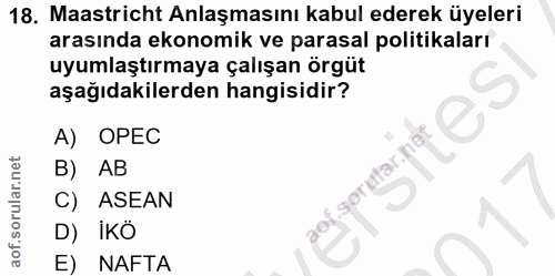 18. soru: Maastricht Anlaşmasını kabul ederek üyeleri arasında ekonomik ve parasal politikaları uyumlaştırmaya çalışan örgüt aş…