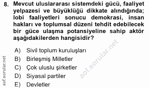 8. soru: Mevcut uluslararası sistemdeki gücü, faaliyet yelpazesi ve büyüklüğü dikkate alındığında; lobi faaliyetleri sonucu de…