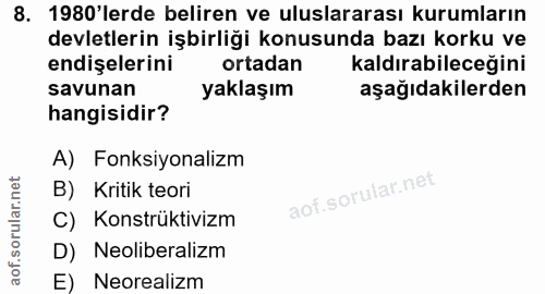 8. soru: 1980'lerde beliren ve uluslararası kurumların devletlerin işbirliği konusunda bazı korku ve endişelerini ortadan kald…