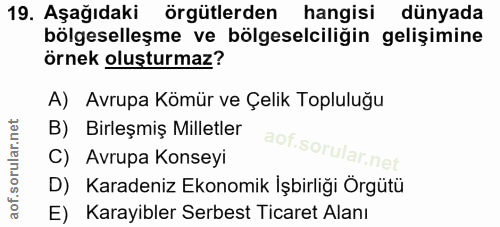 19. soru: Aşağıdaki örgütlerden hangisi dünyada bölgeselleşme ve bölgeselciliğin gelişimine örnek oluşturmaz? A) Avrupa Kömür v…