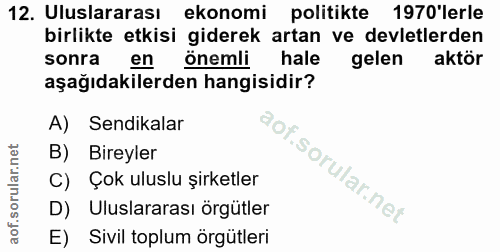 12. soru: Uluslararası ekonomi politikte 1970'lerle birlikte etkisi giderek artan ve devletlerden sonra en önemli hale gelen ak…