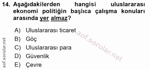 14. soru: Aşağıdakilerden hangisi uluslararası ekonomi politiğin başlıca çalışma konuları arasında yer almaz? A) Uluslararası t…