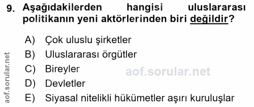 9. soru: Aşağıdakilerden hangisi uluslararası politikanın yeni aktörlerinden biri değildir? A) Çok uluslu şirketler B) Uluslar…