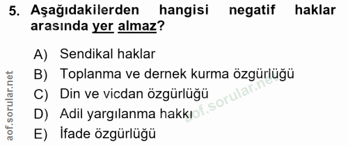 5. soru: Aşağıdakilerden hangisi negatif haklar arasında yer almaz? A) Sendikal haklar B) Toplanma ve dernek kurma özgürlüğü C…