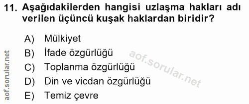 11. soru: Aşağıdakilerden hangisi uzlaşma hakları adı verilen üçüncü kuşak haklardan biridir? A) Mülkiyet B) İfade özgürlüğü C)…