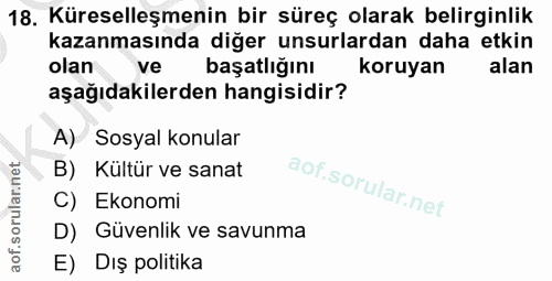 18. soru: Küreselleşmenin bir süreç olarak belirginlik kazanmasında diğer unsurlardan daha etkin olan ve başatlığını koruyan al…