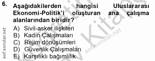 6. soru: Aşağıdakilerden hangisi Uluslararası Ekonomi-Politik'i oluşturan ana çalışma alanlarından biridir? A) Sivil-asker ili…