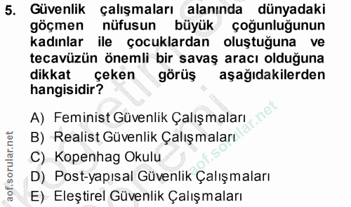 5. soru: Güvenlik çalışmaları alanında dünyadaki göçmen nüfusun büyük çoğunluğunun kadınlar ile çocuklardan oluştuğuna ve teca…