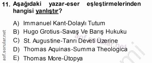 11. soru: Aşağıdaki yazar-eser eşleştirmelerinden hangisi yanlıştır? A) Immanuel Kant-Dolaylı Tutum B) Hugo Grotius-Savaş Ve Ba…