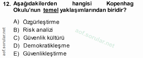 12. soru: Aşağıdakilerden hangisi Kopenhag Okulu'nun temel yaklaşımlarından biridir? A) Özgürleştirme B) Risk analizi C) Güvenl…