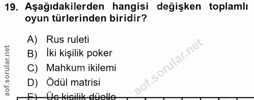 19. soru: Aşağıdakilerden hangisi değişken toplamlı oyun türlerinden biridir? A) Rus ruleti B) Iki kişilik poker lof. C) Mahkum…