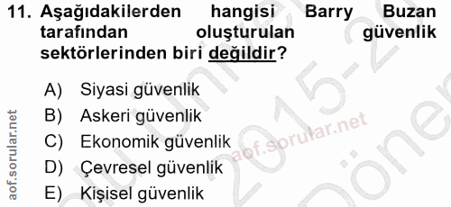 11. soru: Aşağıdakilerden hangisi Barry Buzan tarafından oluşturulan güvenlik sektörlerinden biri değildir? A) Siyasi güvenlik…