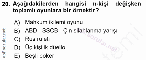 20. soru: Aşağıdakilerden hangisi n-kişi değişken toplamlı oyunlara bir örnektir? A) Mahkum ikilemi oyunu B) ABD - SSCB - Çin s…