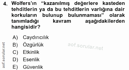 4. soru: Wolfers' in "kazanılmış değerlere kasteden tehditlerin ya da bu tehditlerin varlığına dair korkuların bulunup bulunma…
