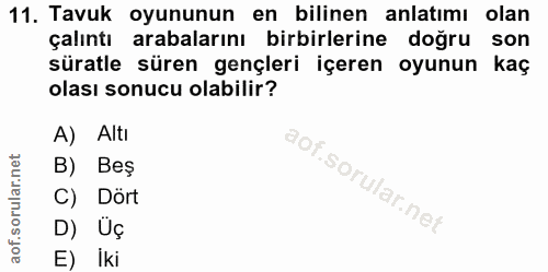 11. soru: Tavuk oyununun en bilinen anlatımı olan çalıntı arabalarını birbirlerine doğru son süratle süren gençleri içeren oyun…