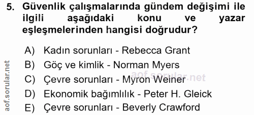 5. soru: Güvenlik çalışmalarında gündem değişimi ile ilgili aşağıdaki konu ve yazar eşleşmelerinden hangisi doğrudur? A) Kadın…
