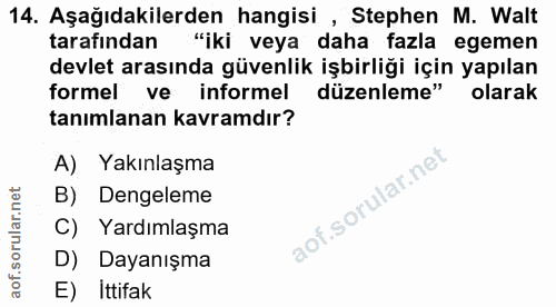 14. soru: Aşağıdakilerden hangisi , Stephen M. Walt tarafından "iki veya daha fazla egemen devlet arasında güvenlik işbirliği i…