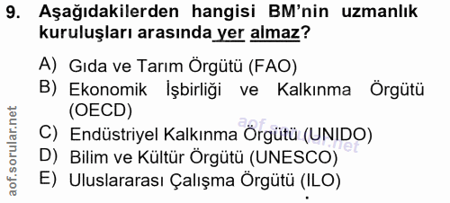 9. soru: Aşağıdakilerden hangisi BM'nin uzmanlık kuruluşları arasında yer almaz? A) Gıda ve Tarım Örgütü (FAO) B) Ekonomik İşb…