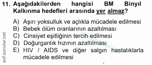 11. soru: Aşağıdakilerden hangisi BM Binyil Kalkınma hedefleri arasında yer almaz? A) Aşırı yoksulluk ve açlıkla mücadele edilm…