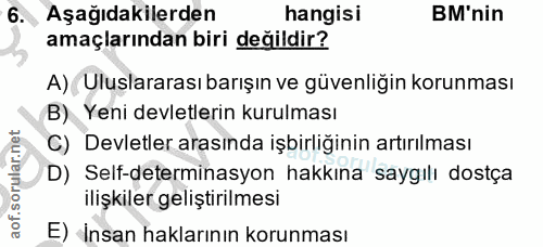 6. soru: ,Aşağıdakilerden hangisi BM'nin amaçlarından biri değildir? A)( Uluslararası barışın ve güvenliğin korunması B) Yeni…