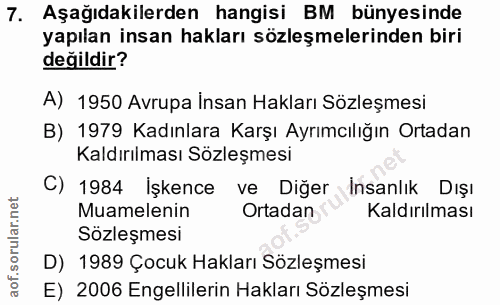7. soru: Aşağıdakilerden hangisi BM bünyesinde yapılan insan hakları sözleşmelerinden biri değildir? A) 1950 Avrupa İnsan Hakl…