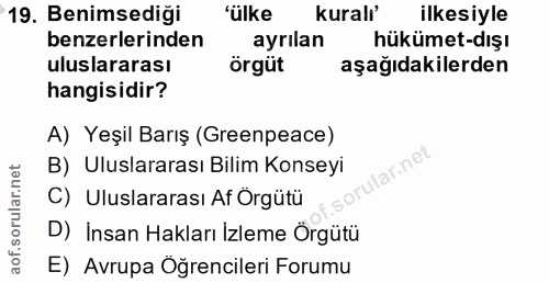 19. soru: Benimsediği 'ülke kuralı' ilkesiyle benzerlerinden ayrilan hükümet-dışı uluslararası örgüt aşağıdakilerden hangisidir…