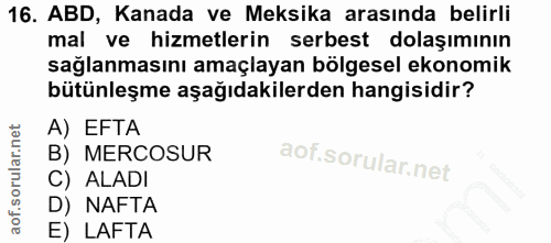 16. soru: ABD, Kanada ve Meksika arasında belirli mal ve hizmetlerin serbest dolaşımının sağlanmasını amaçlayan bölgesel ekonom…