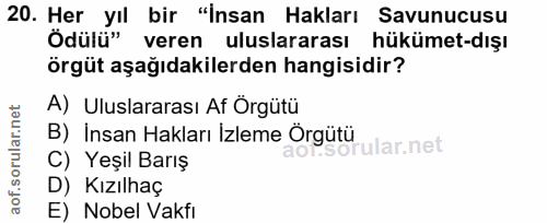 20. soru: Her yıl bir "Insan Hakları Savunucusu Ödülü" veren uluslararası hükümet-dışı örgüt aşağıdakilerden hangisidir? A) Ulu…