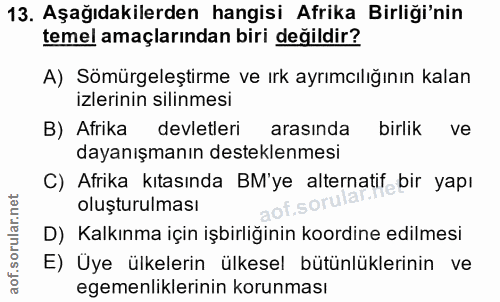 13. soru: Aşağıdakilerden hangisi Afrika Birliği'nin temel amaçlarından biri değildir? A) Sömürgeleştirme ve ırk ayrımcılığının…