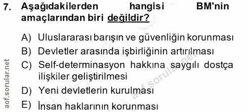7. soru: Aşağıdakilerden hangisi BM'nin amaçlarından biri değildir? A) Uluslararası barışın ve güvenliğin korunması B) Devletl…