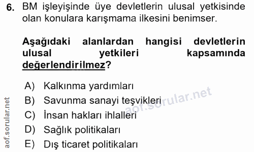 6. soru: BM işleyişinde üye devletlerin ulusal yetkisinde olan konulara karışmama ilkesini benimser. Aşağıdaki alanlardan hang…