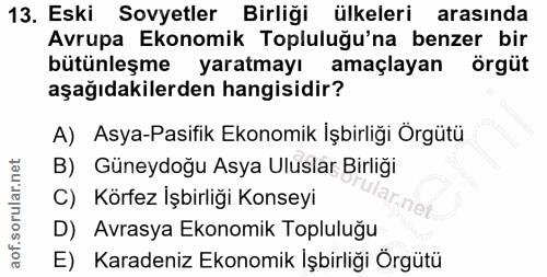 13. soru: Eski Sovyetler Birliği ülkeleri arasinda Avrupa Ekonomik Topluluğu'na benzer bir bütünleşme yaratmayı amaçlayan örgüt…